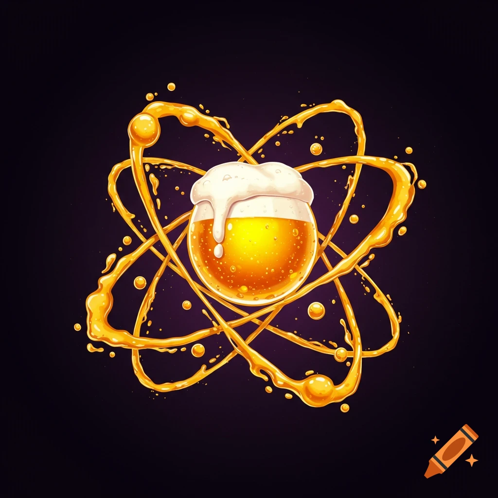 Illustration of a beer glass styled as an atom, with liquid splashing in orbits.