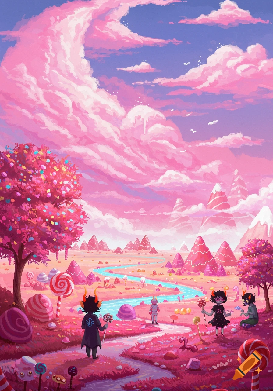 Characters in a vibrant candy landscape with pink clouds, featuring lollipops and candy mountains.