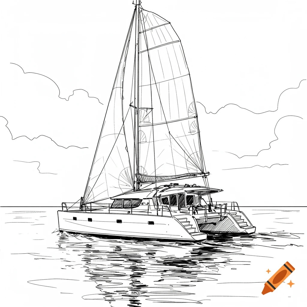 A black and white sketch of a catamaran sailing on the water with clouds.
