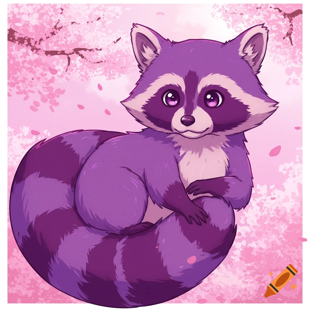 An anime-style illustration of a purple raccoon sitting among pink cherry blossoms.