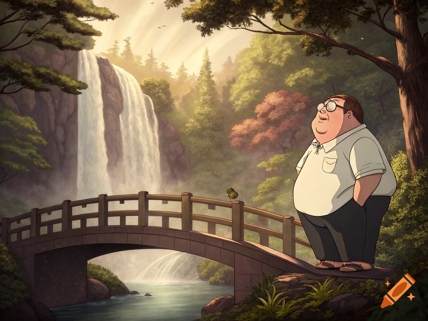 Cartoon character Peter Griffin stands on a bridge by a waterfall in a forest. Animated style.