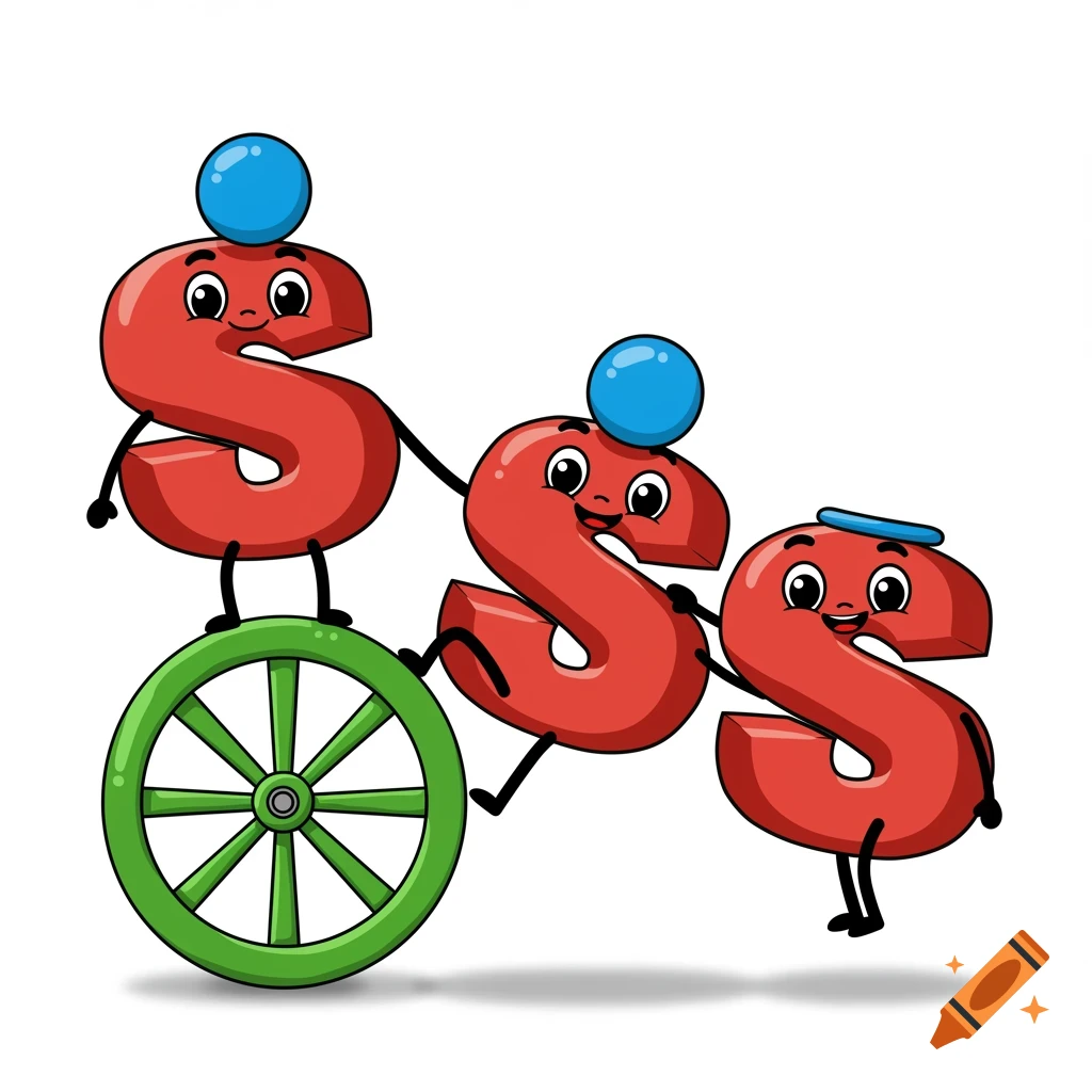 Three smiling red cartoon letter S characters, one on a green wheel, the last with a blue hat.