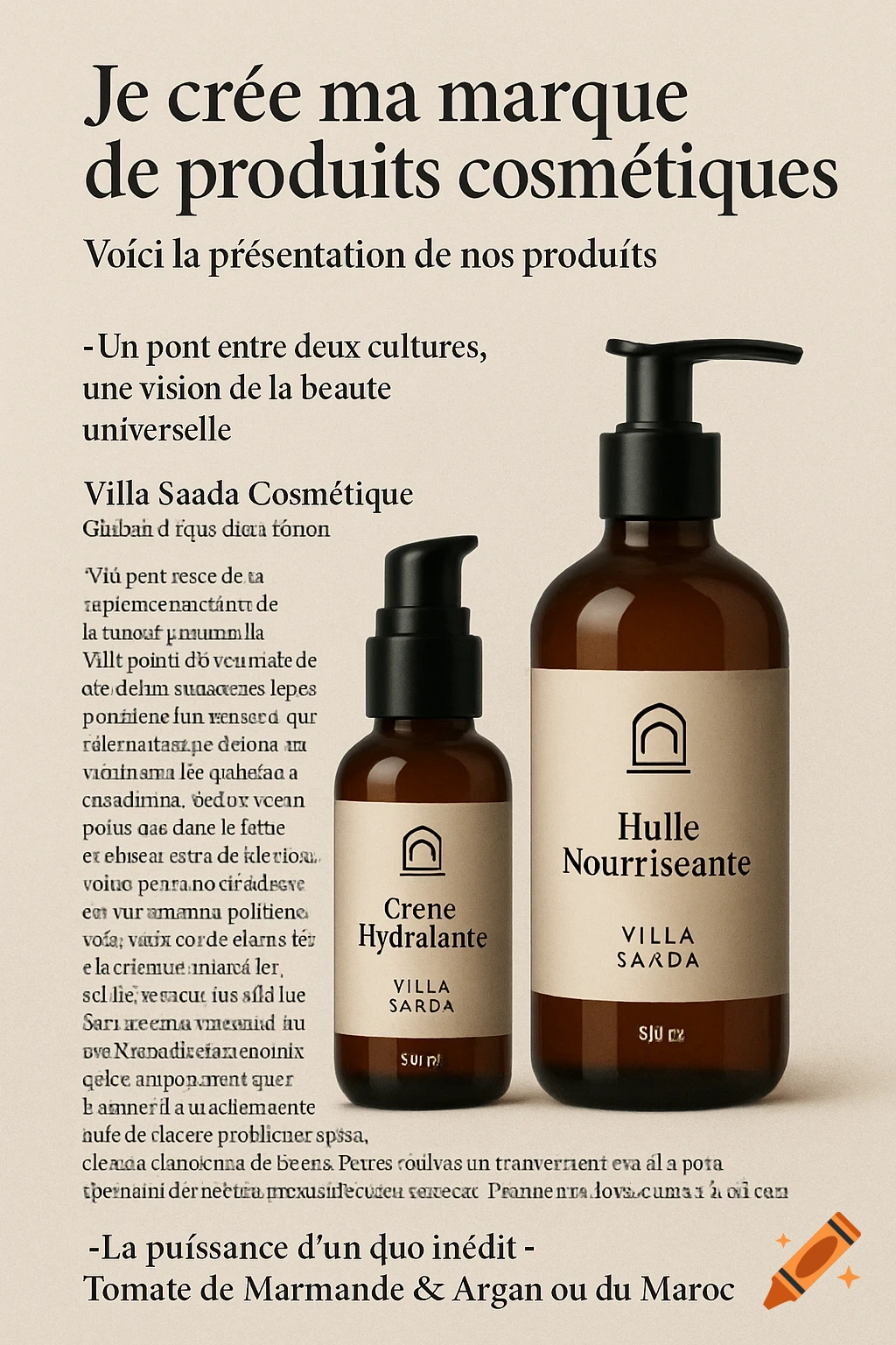 Two brown cosmetic bottles with pumps and labels against a neutral background, with surrounding text.