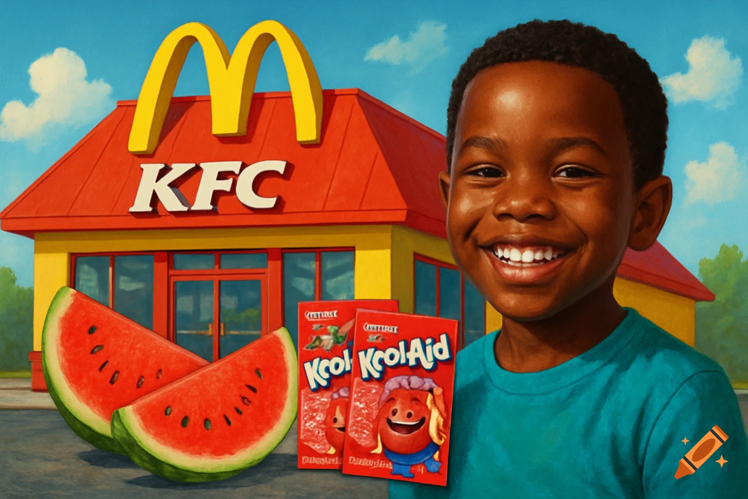 A black child smiles in front of a red-roofed building with McDonald's arches and a KFC sign, next to watermelon slices and Kool-Aid pouches.