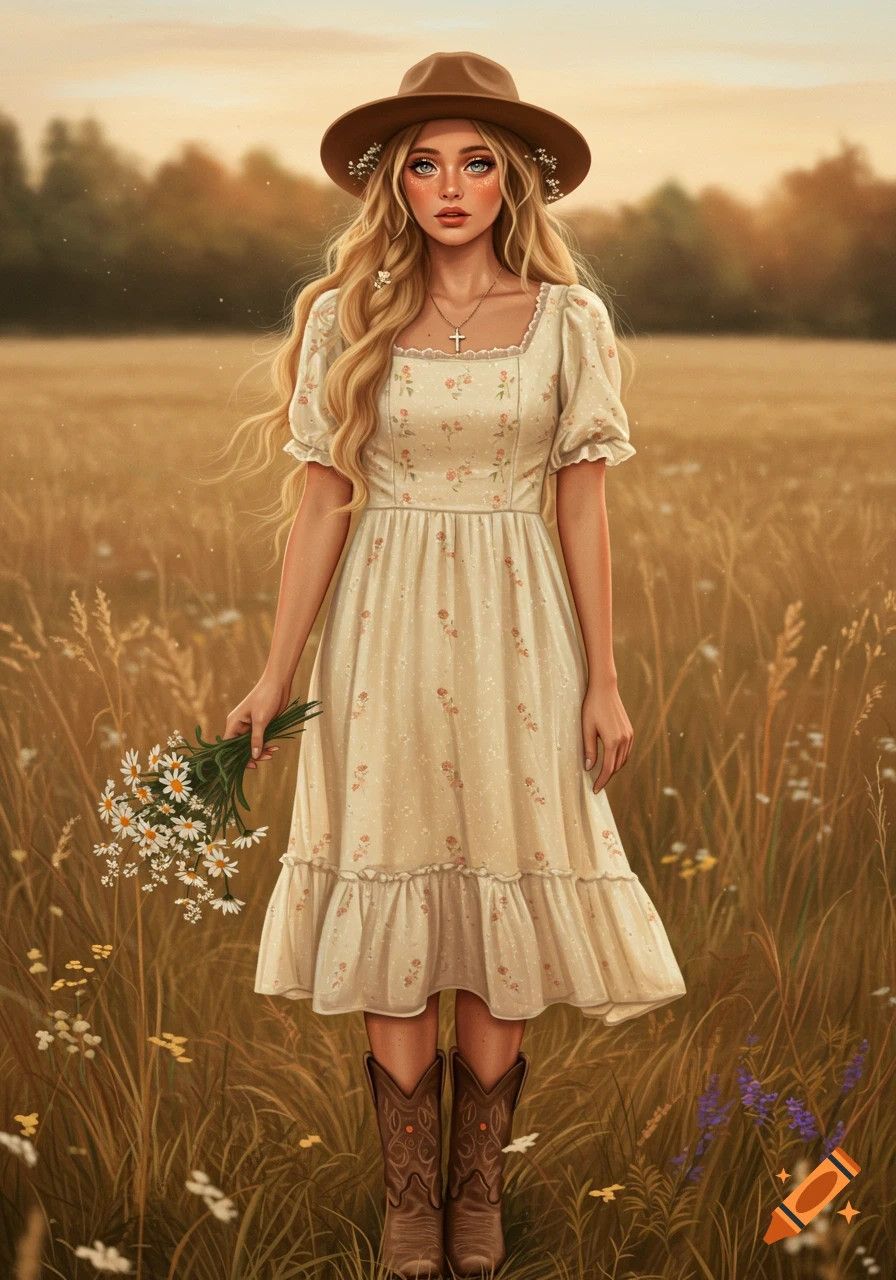 A young woman in a hat and dress stands in a field holding flowers.