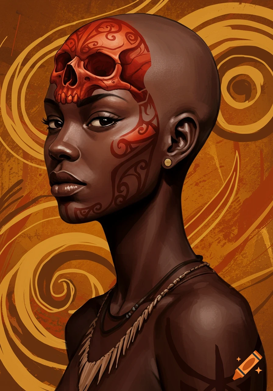 Stylized portrait of a tribal woman with a shaved head and a red skull tattoo on her forehead.