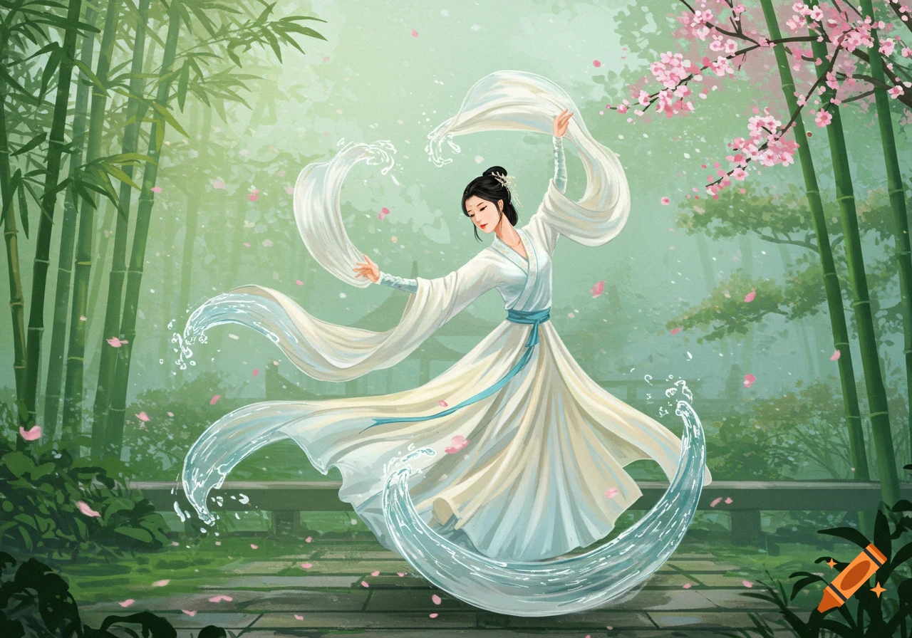 Woman performs traditional Chinese water sleeve dance in a bamboo garden.