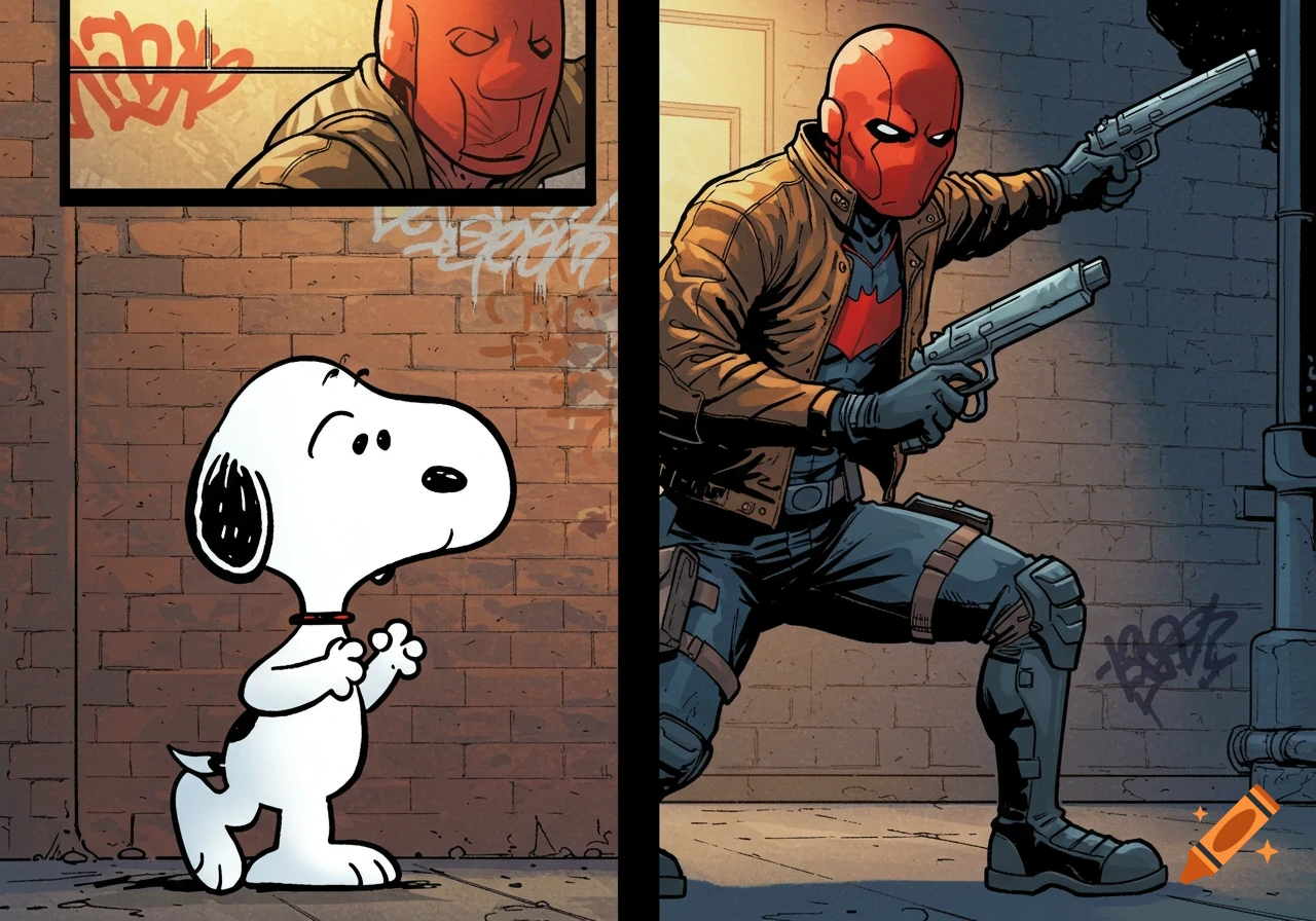 Comic panel showing Snoopy next to Red Hood holding two guns against a brick wall with graffiti.