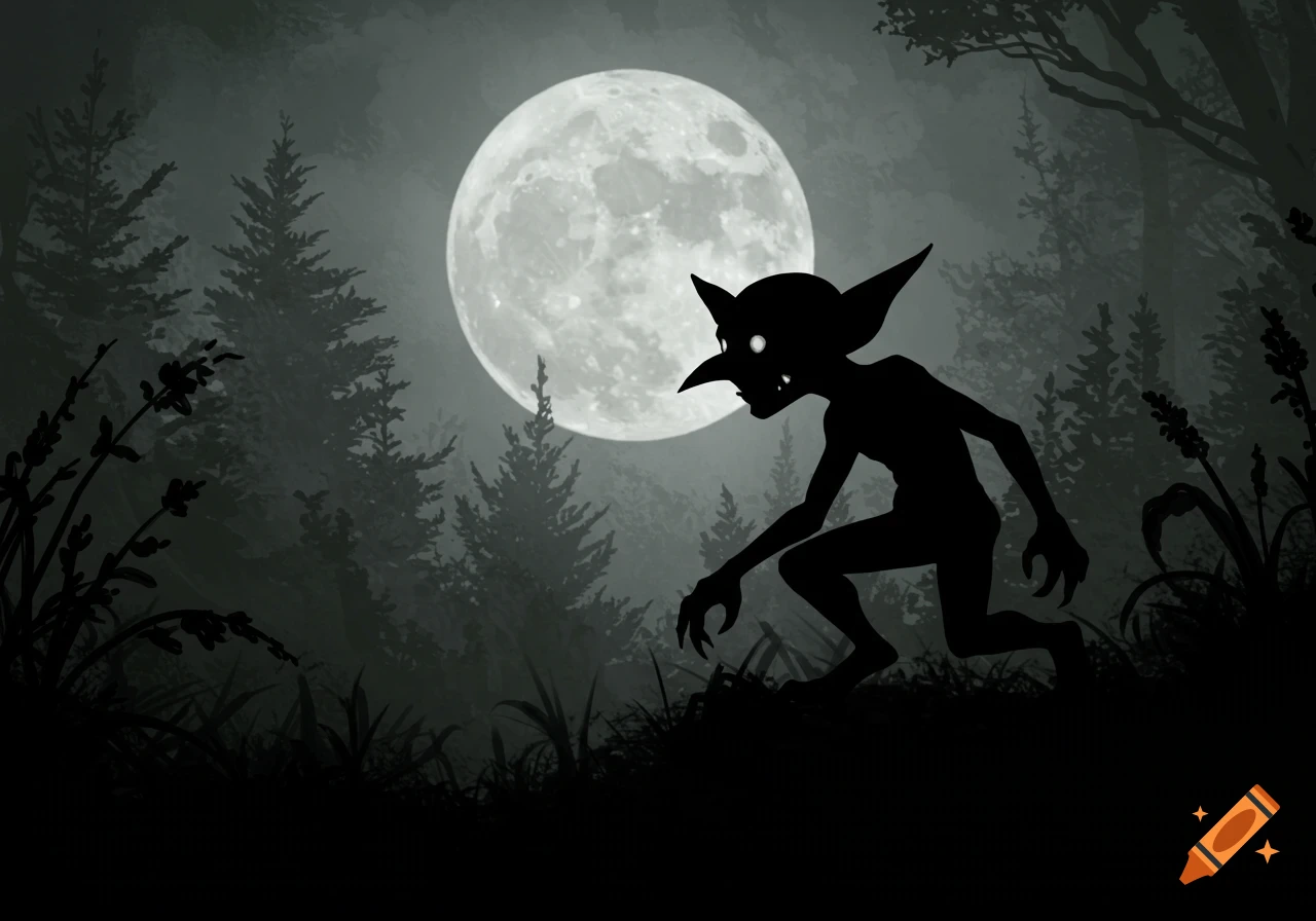A goblin silhouette sneaks through a dark forest under a full moon.