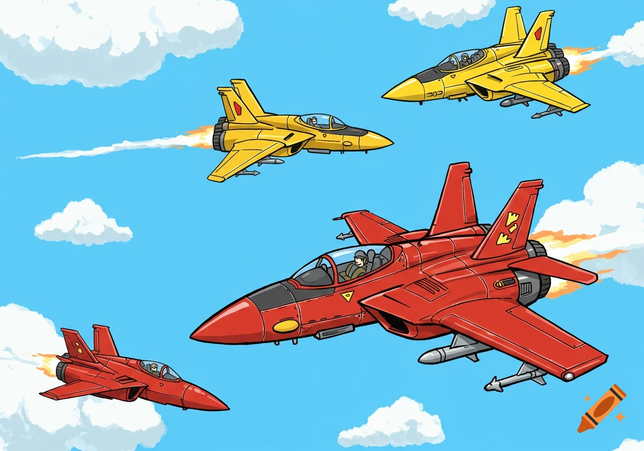 Red and yellow cartoon jets fly in a blue sky with clouds.