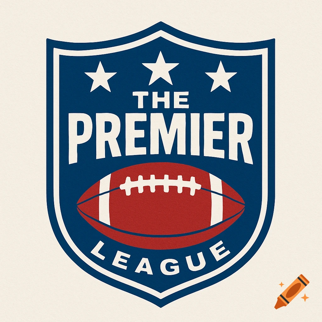 Logo with blue shield, three stars, text 'THE PREMIER', a red football, and text 'LEAGUE'.