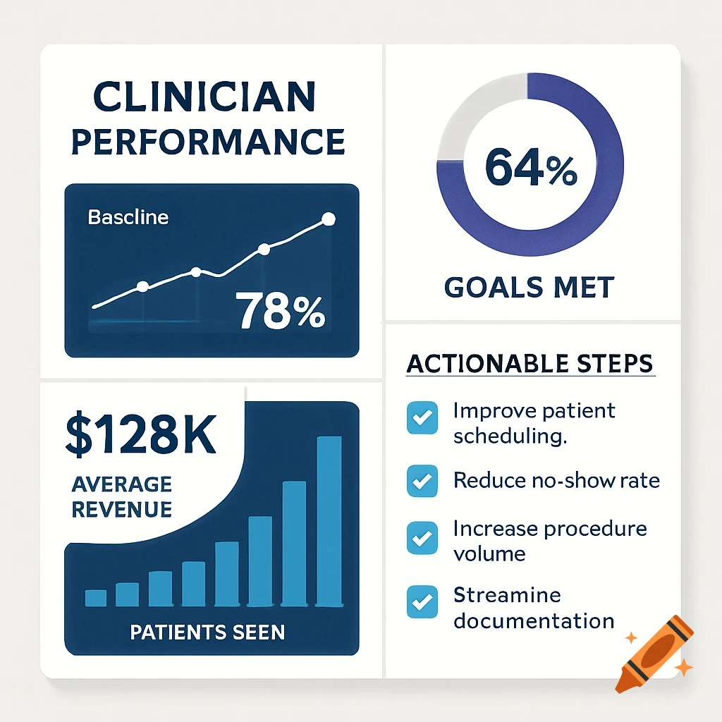 A dashboard displaying clinician performance metrics, goals met percentage, average revenue, patients seen, and actionable steps.