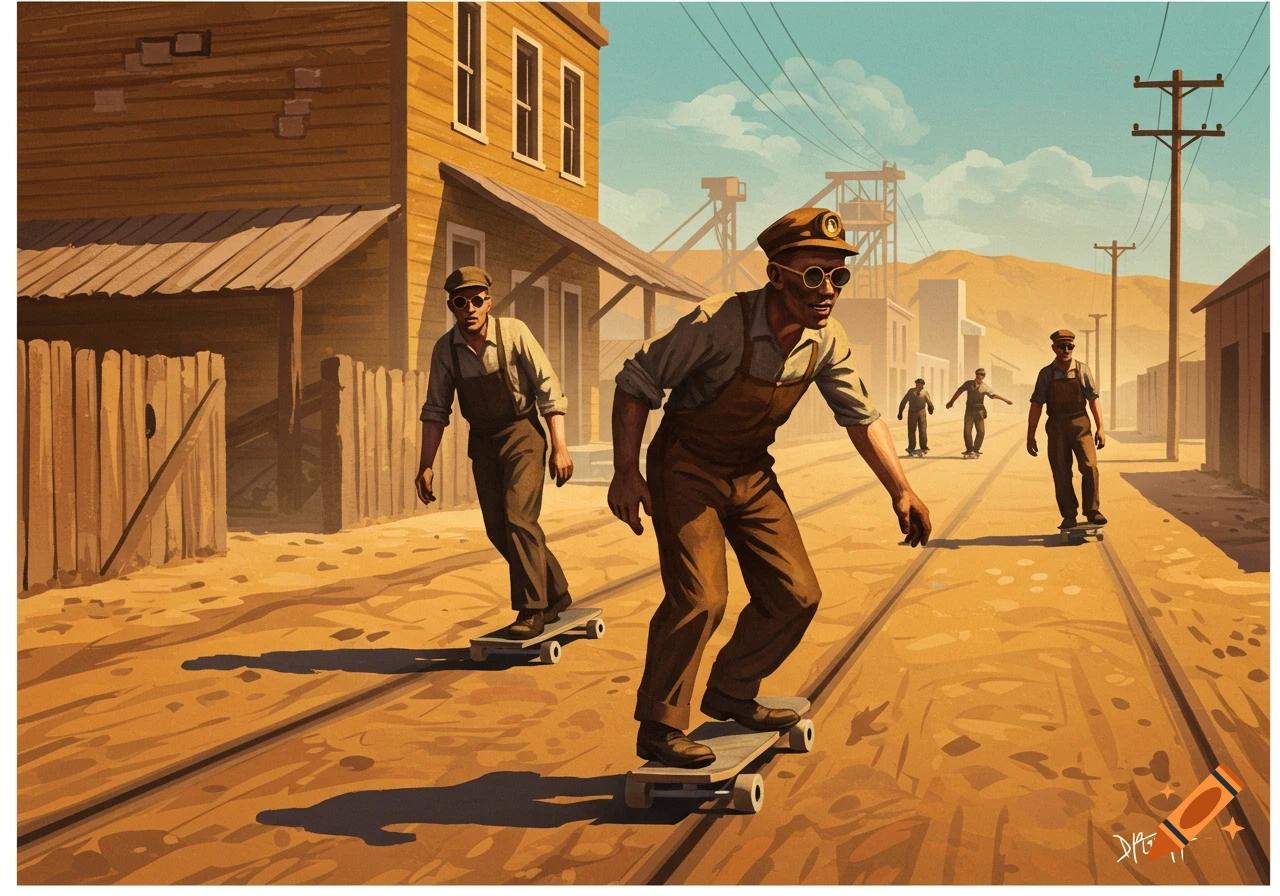 Illustration of 1930s miners skateboarding down train tracks in a desert town.