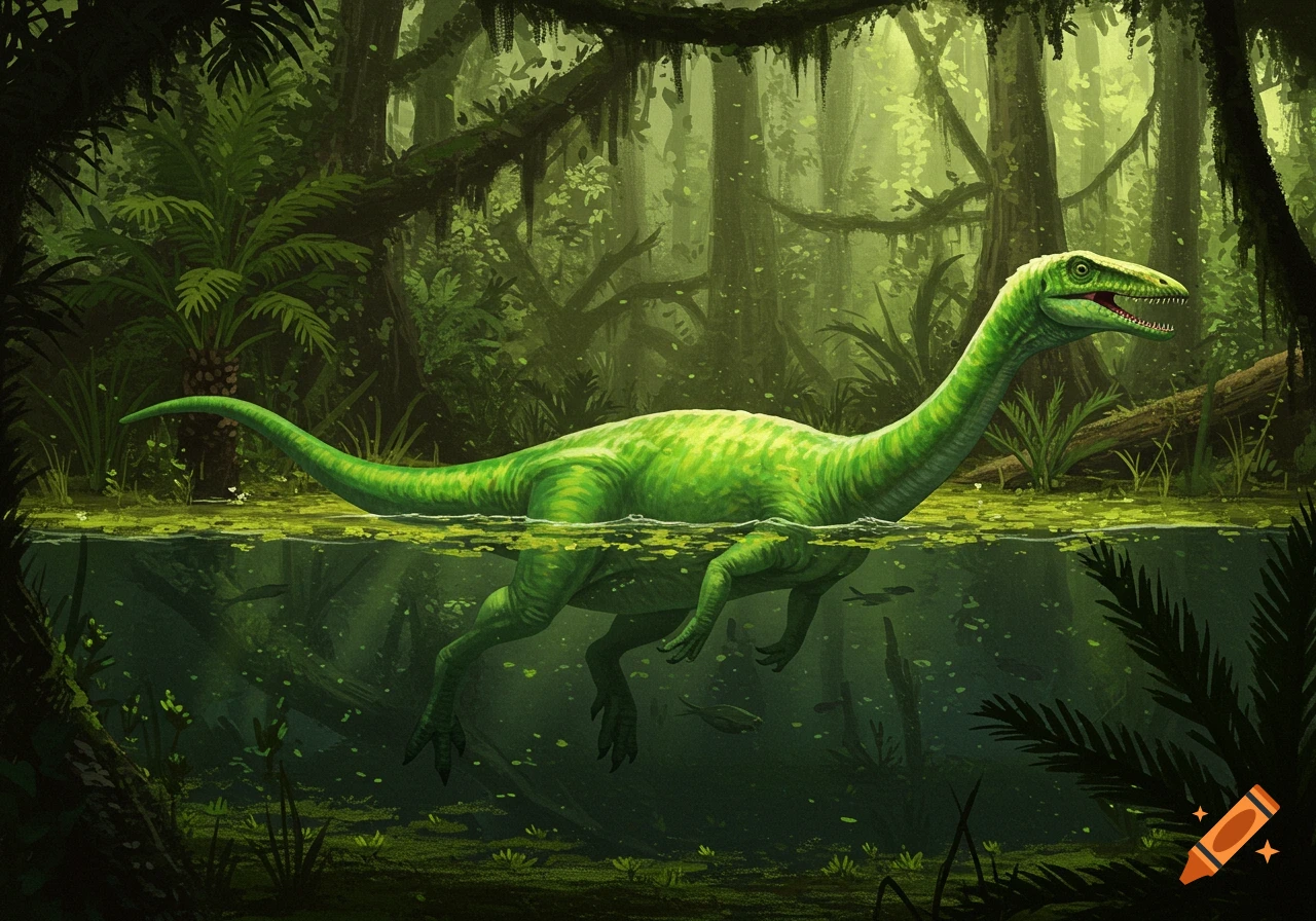 A green Nothosaurus swims in a murky swamp with trees and vines.