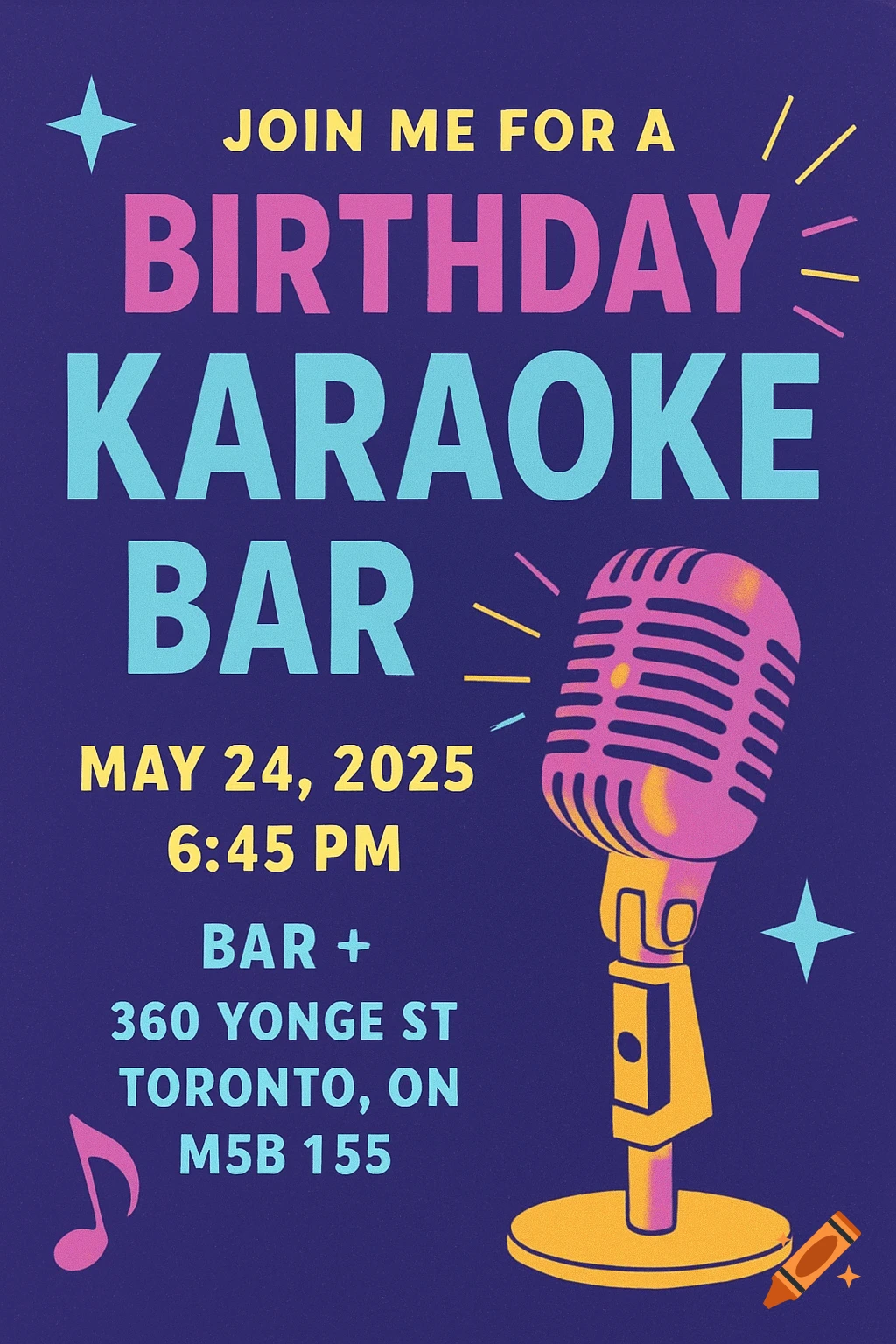 Colorful graphic invitation for a birthday karaoke bar event featuring text and a microphone illustration on a dark blue background.