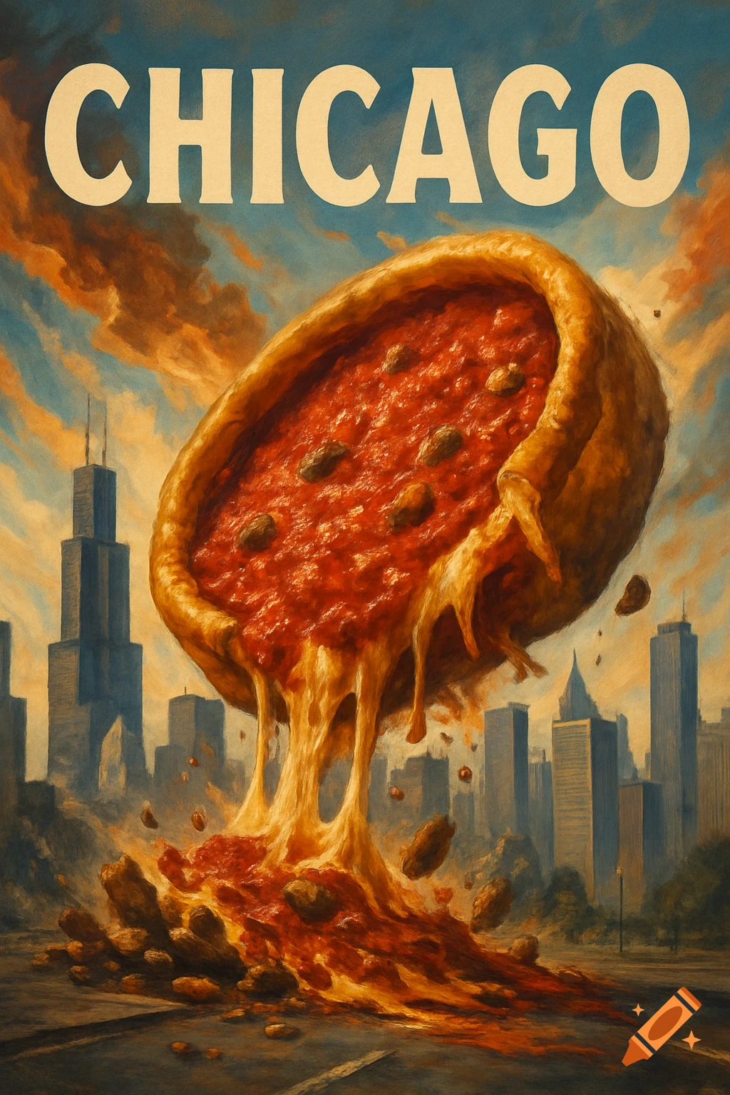 Large deep-dish pizza floats over Chicago skyline with text CHICAGO at top in a painted style.