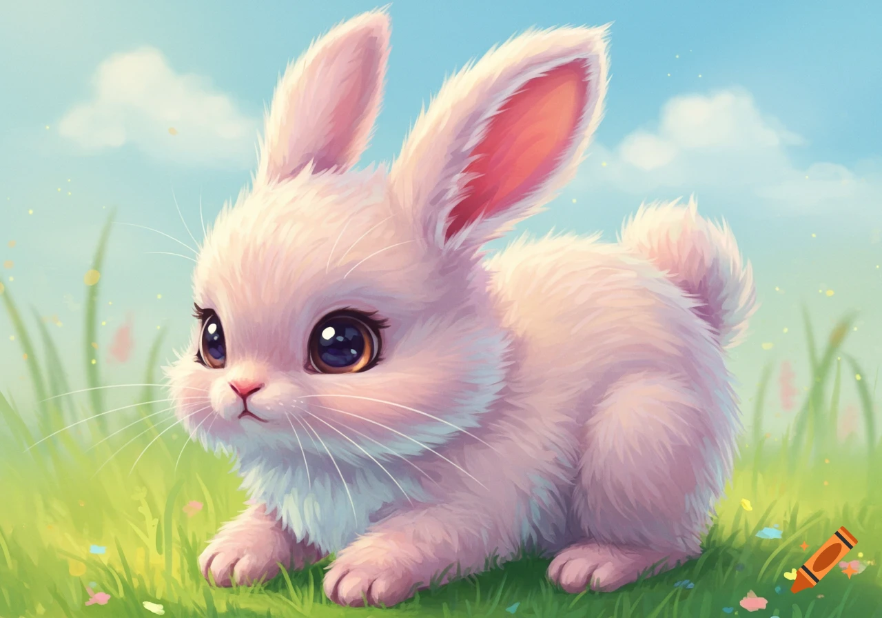 A cute pink bunny sits in green grass.