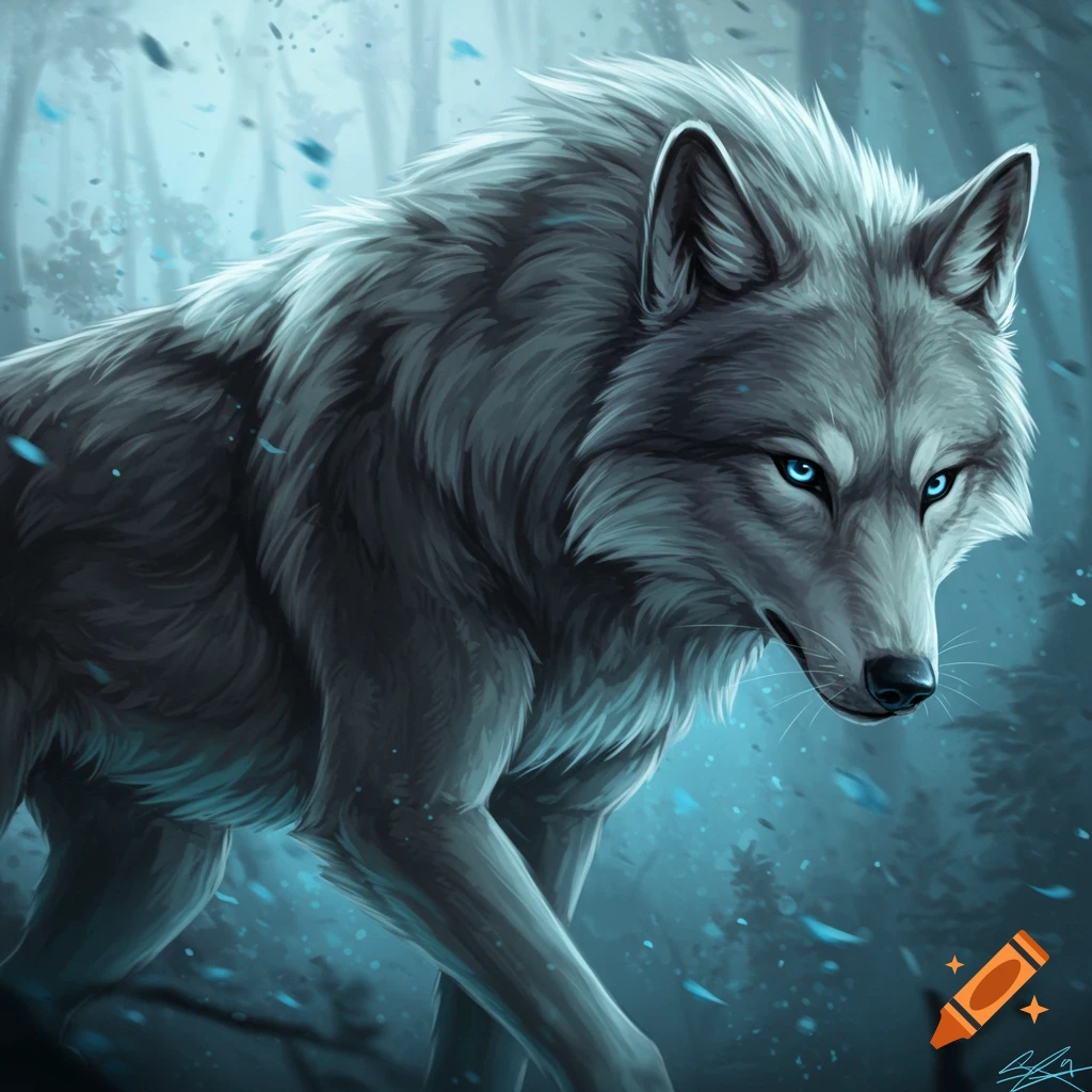 A grey wolf with piercing blue eyes stands in a mystical blue forest with falling leaves. Fantasy style.