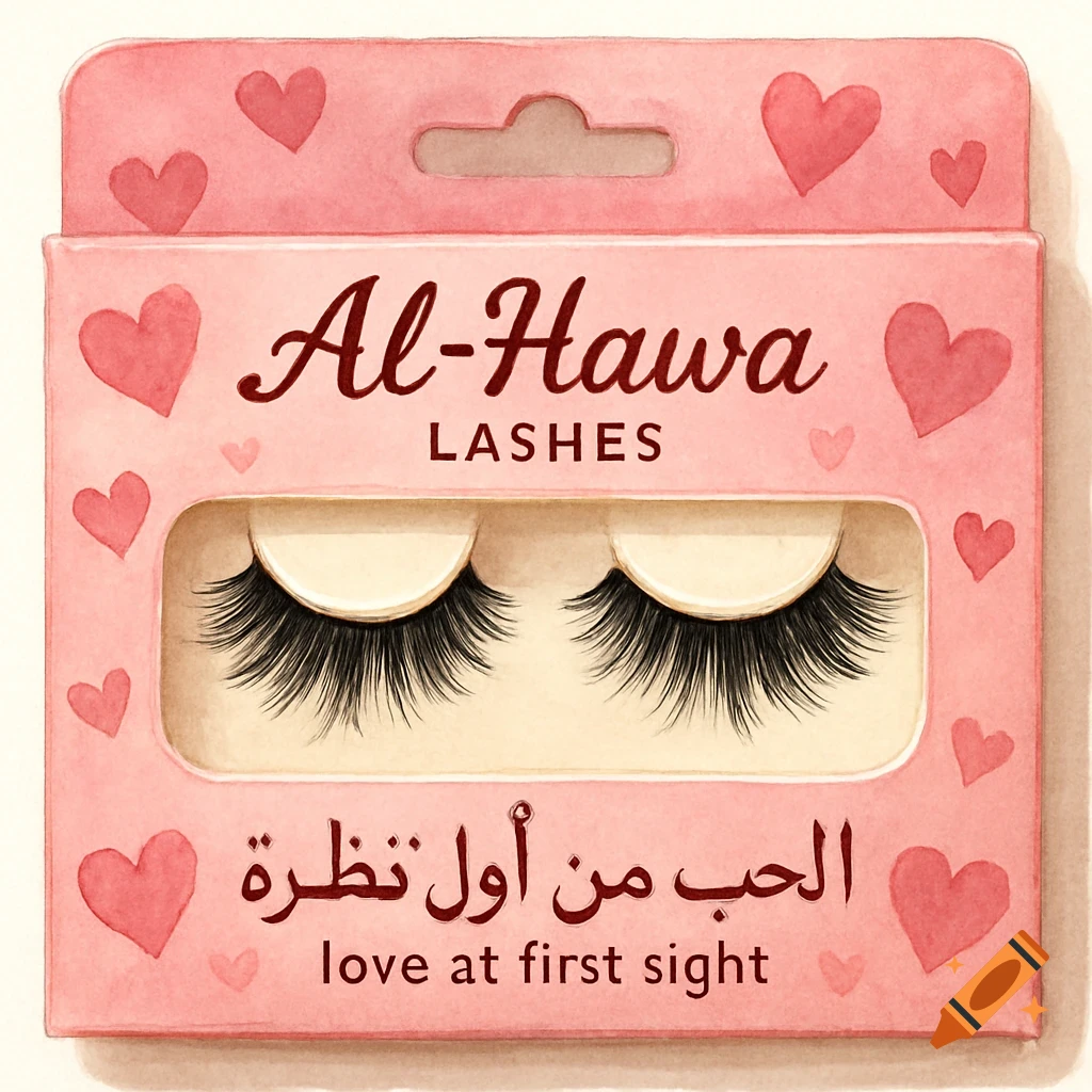Pink box of false eyelashes with hearts and text in a watercolor style.