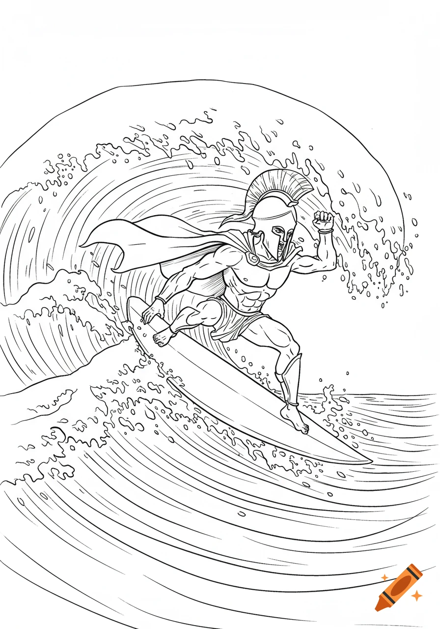 Line drawing of a Spartan warrior surfing a large wave.