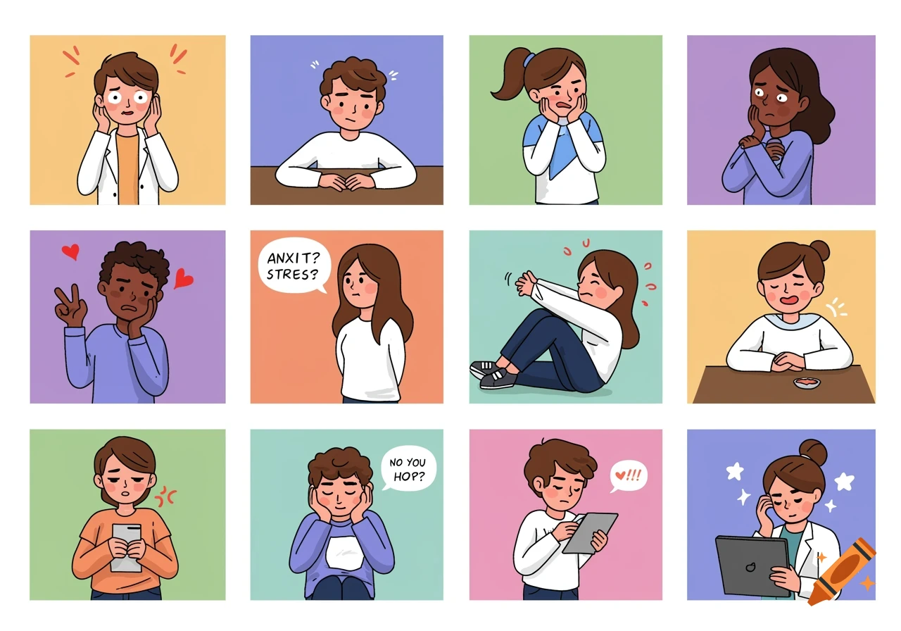A grid of 12 simple cartoons showing diverse teenagers experiencing different emotions.