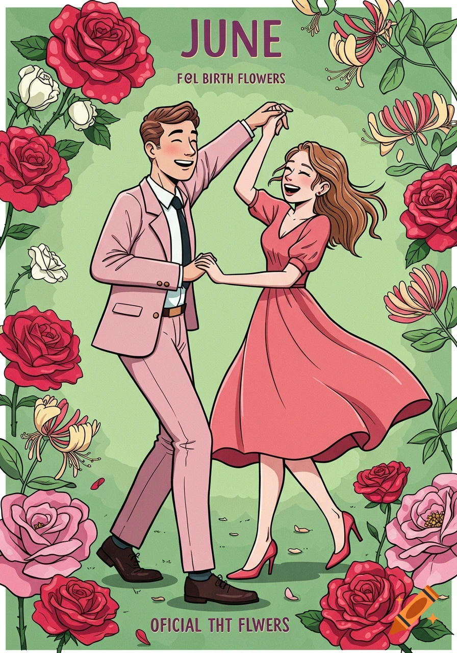 Cartoon image of a dancing couple surrounded by June birth flowers (roses, honeysuckle).