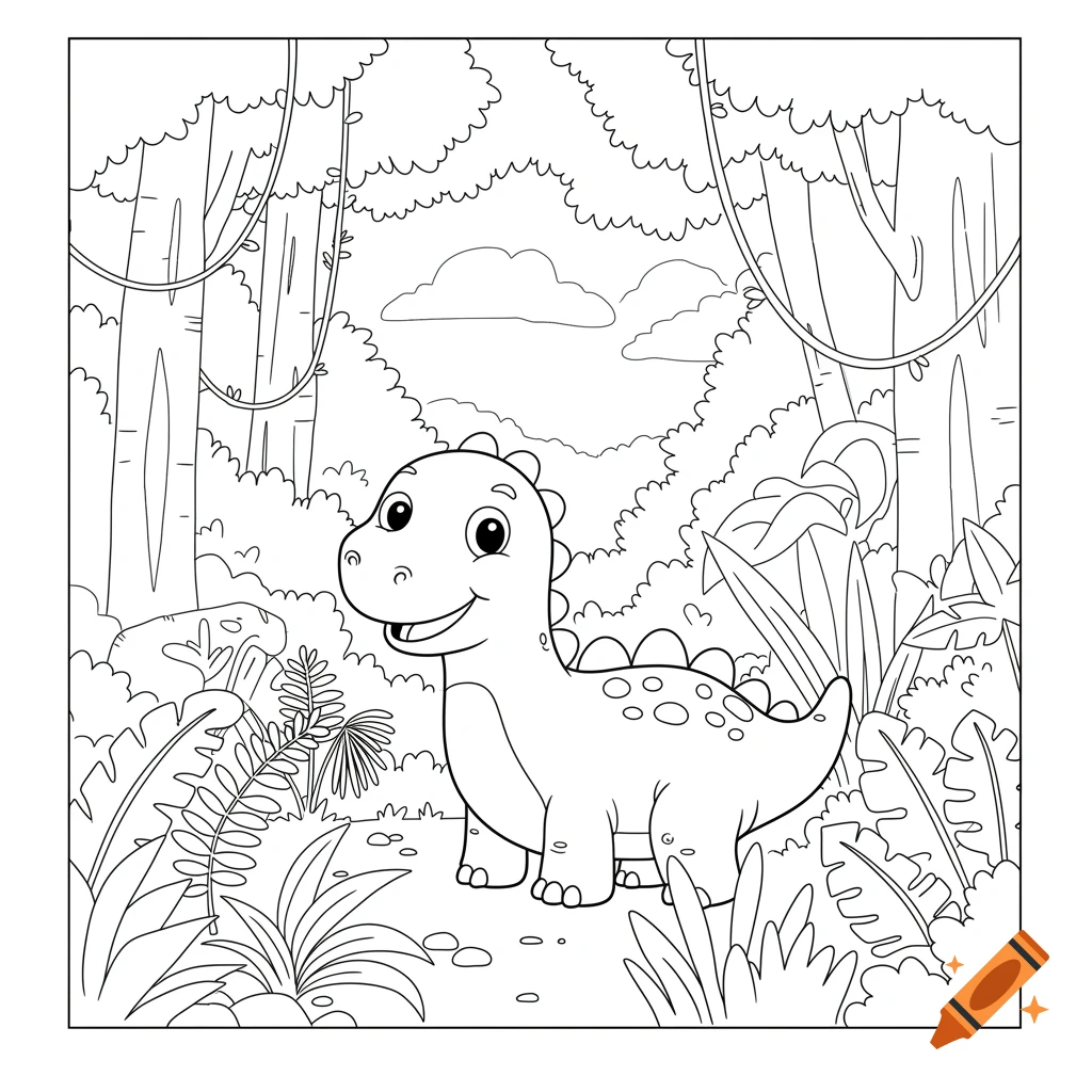 Black and white coloring page of a cartoon dinosaur standing in a jungle