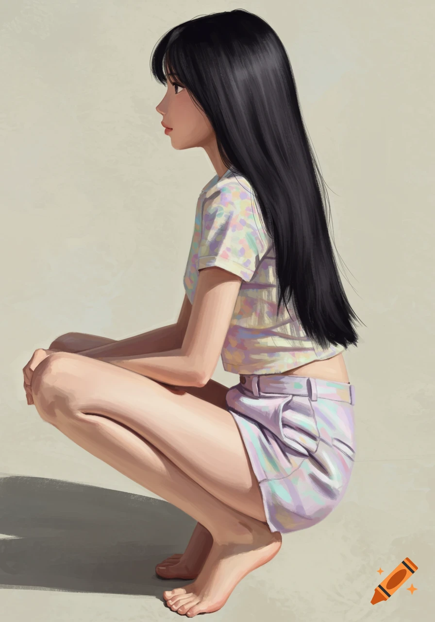 Digital painting of a young woman with long black hair squatting in a pastel crop top and shorts.