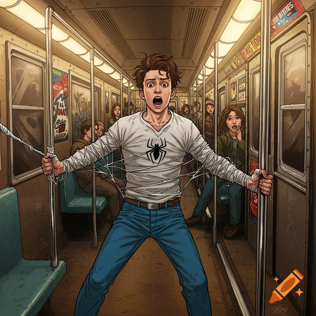 A young man resembling Peter Parker, tangled in white webs, stands in a crowded subway car with a shocked expression, in a comic book style illustration.