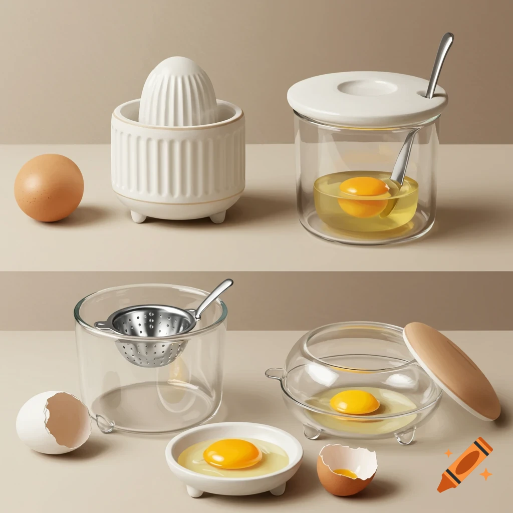 Still life of modern ceramic and glass egg preparation tools with eggs.