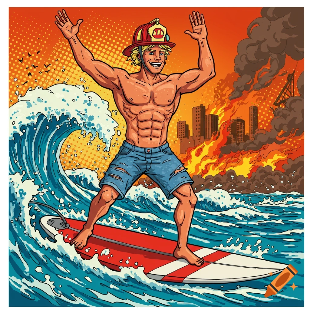 Pop art of a muscular surfer in a firefighter helmet riding a wave with a burning city background