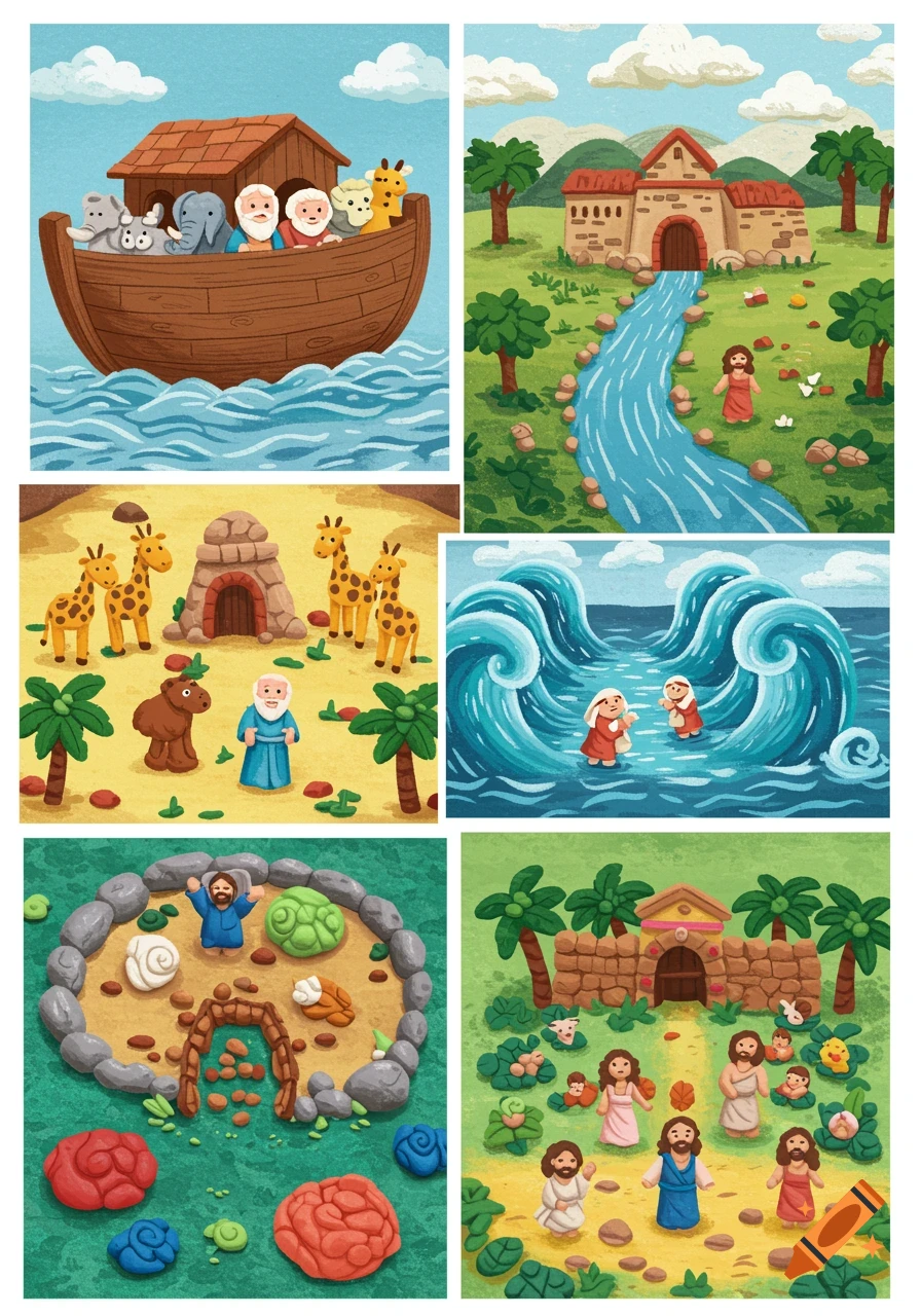 Six panels depicting biblical scenes in a colorful playdough style.