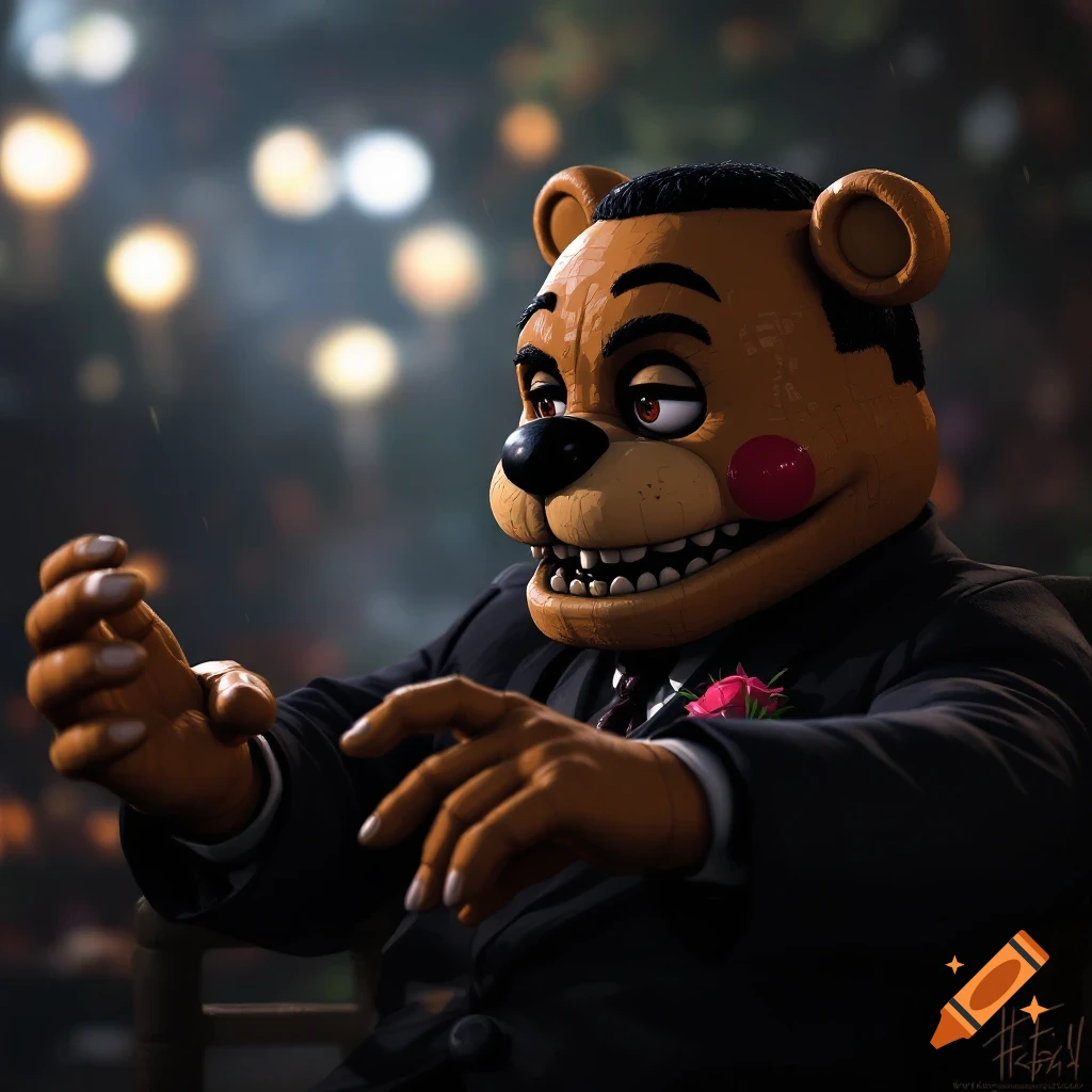 A realistic bear animatronic in a suit sits in front of a blurry background with bokeh lights.