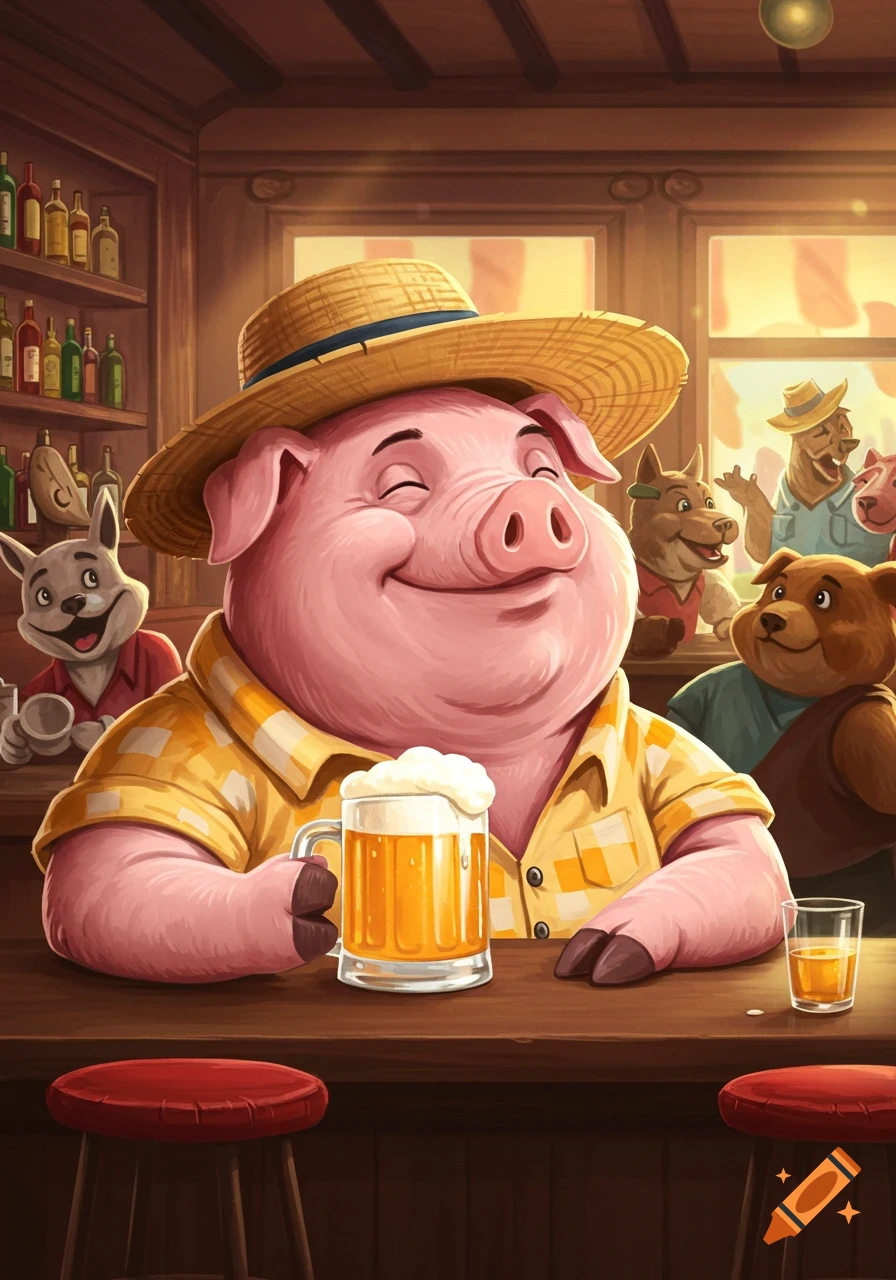 Anthropomorphic pig in a straw hat and plaid shirt smiling while drinking beer at a bar with other animals.
