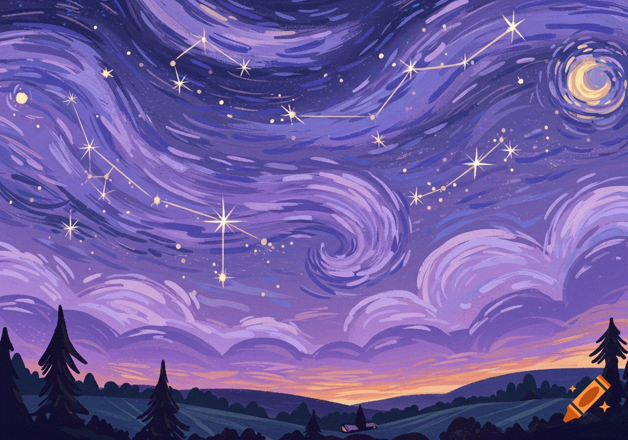 A stylized folk art depiction of a lavender starry night sky with constellations, clouds, a moon, and trees over a landscape.
