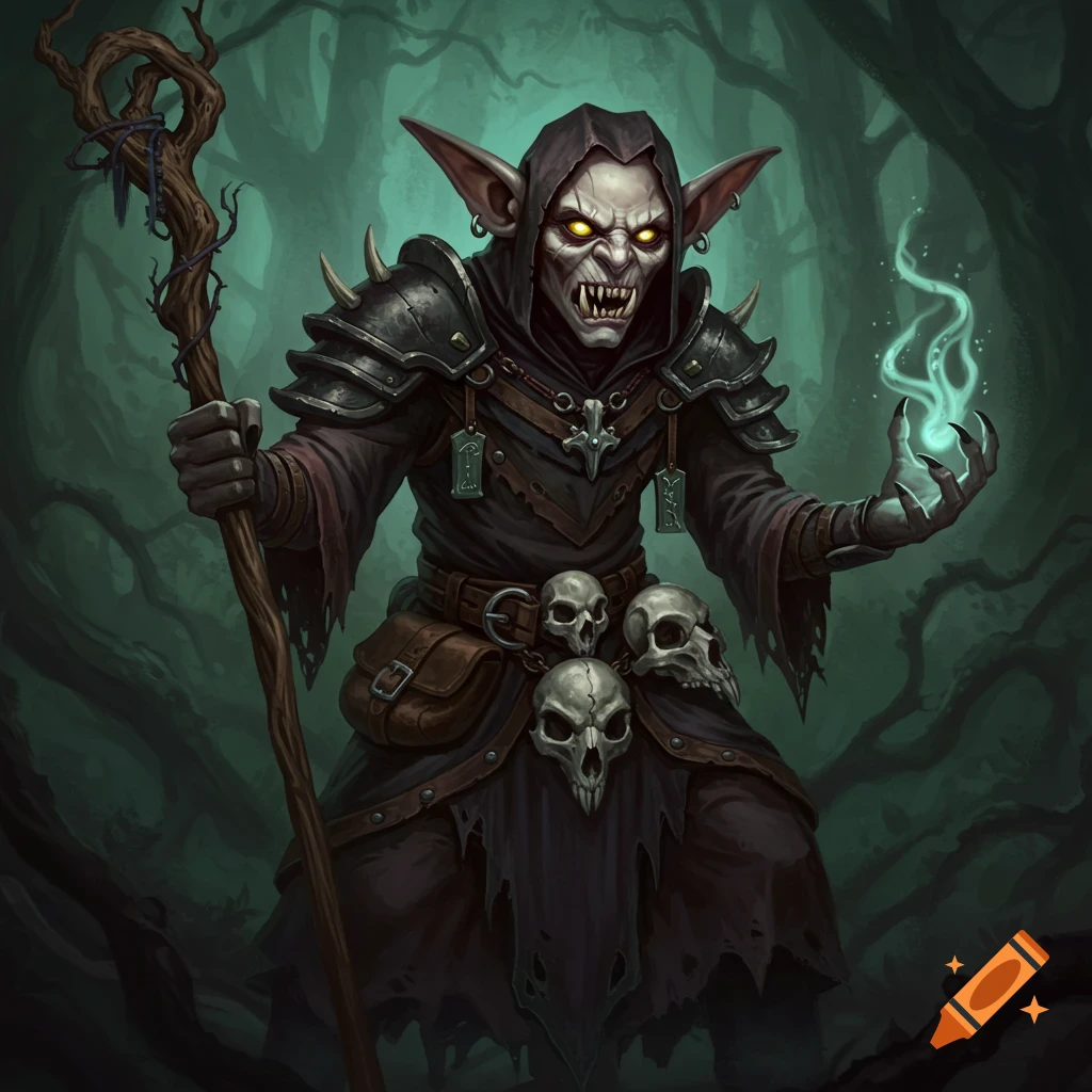 Detailed illustration of a dark fantasy goblin in armor, holding a staff and casting a spell in a spooky forest.