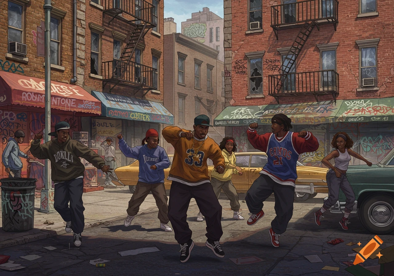 Illustrative scene of people dancing in a dilapidated urban street.