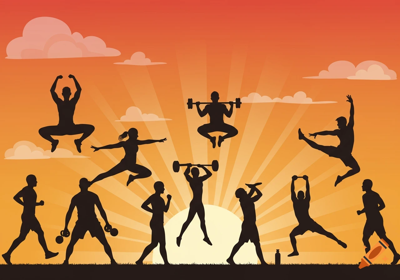 Silhouettes of people exercising against a sunset in a vector art style.
