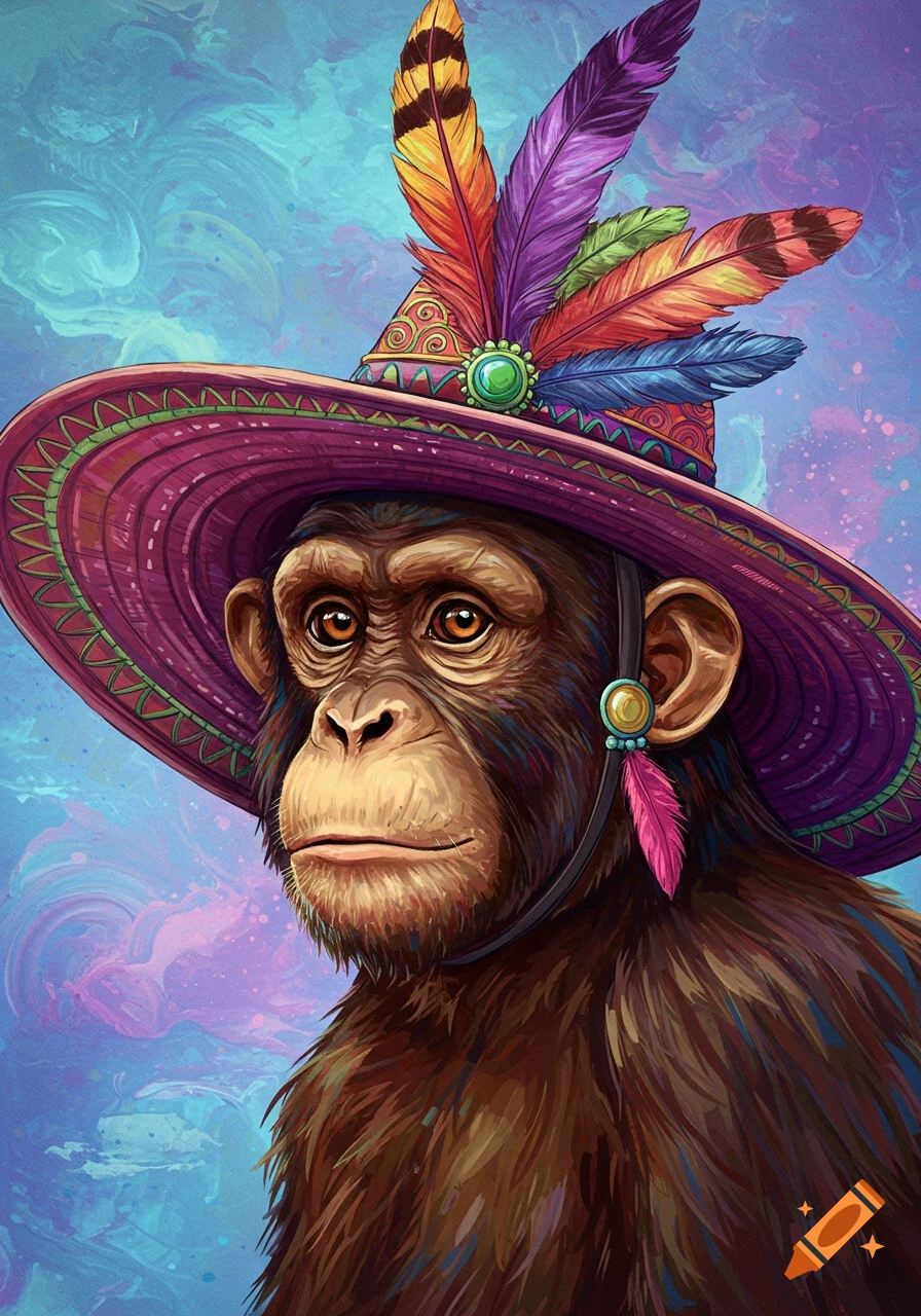 A monkey wearing a colorful, feathered hat in a painterly style.