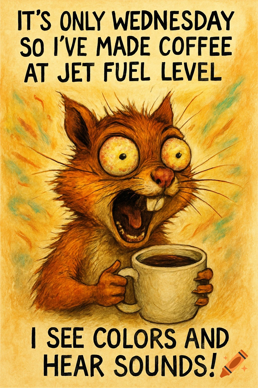 Cartoon of wide-eyed squirrel holding coffee, with text about Wednesday and jet fuel level coffee.