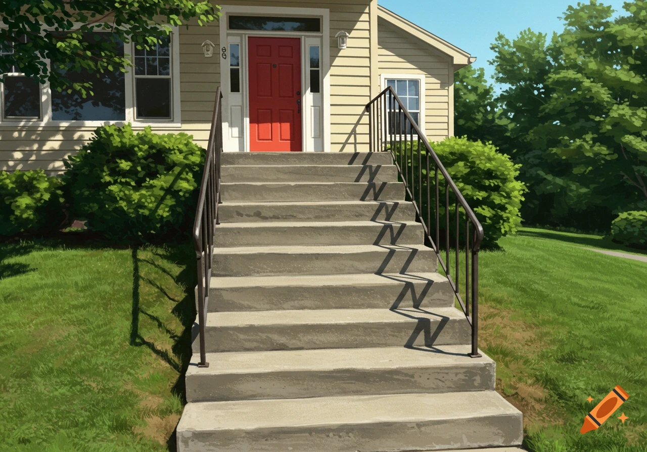 Concrete steps leading to a red door on a house surrounded by greenery.
