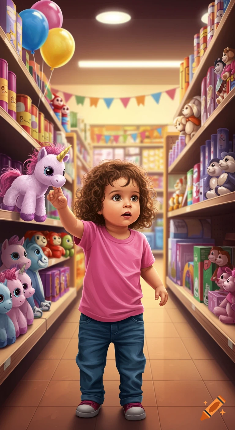 Child in a toy store reaching for a toy unicorn on a shelf. Illustrated style.