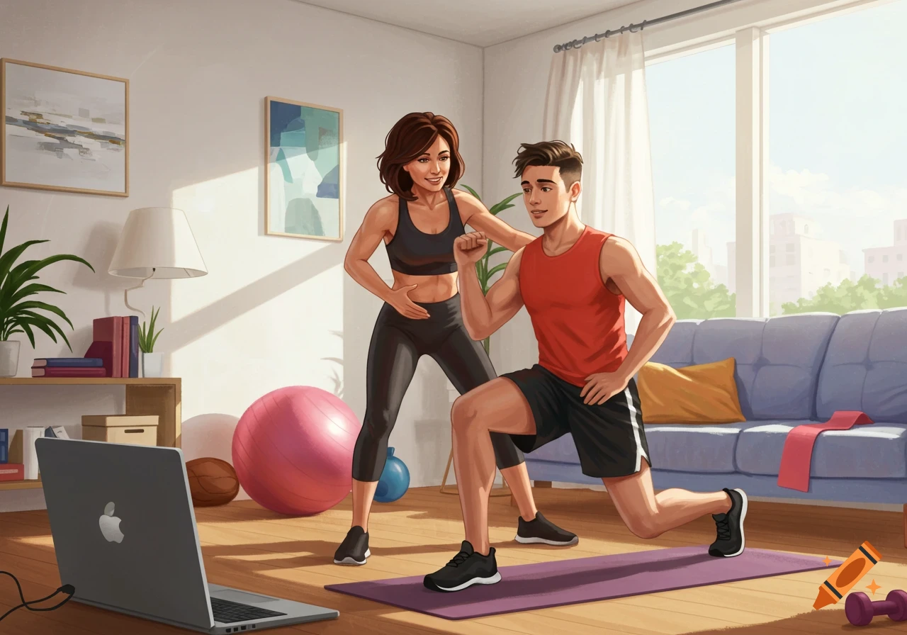 Illustrative image of two people exercising at home, one doing a lunge with assistance from the other.