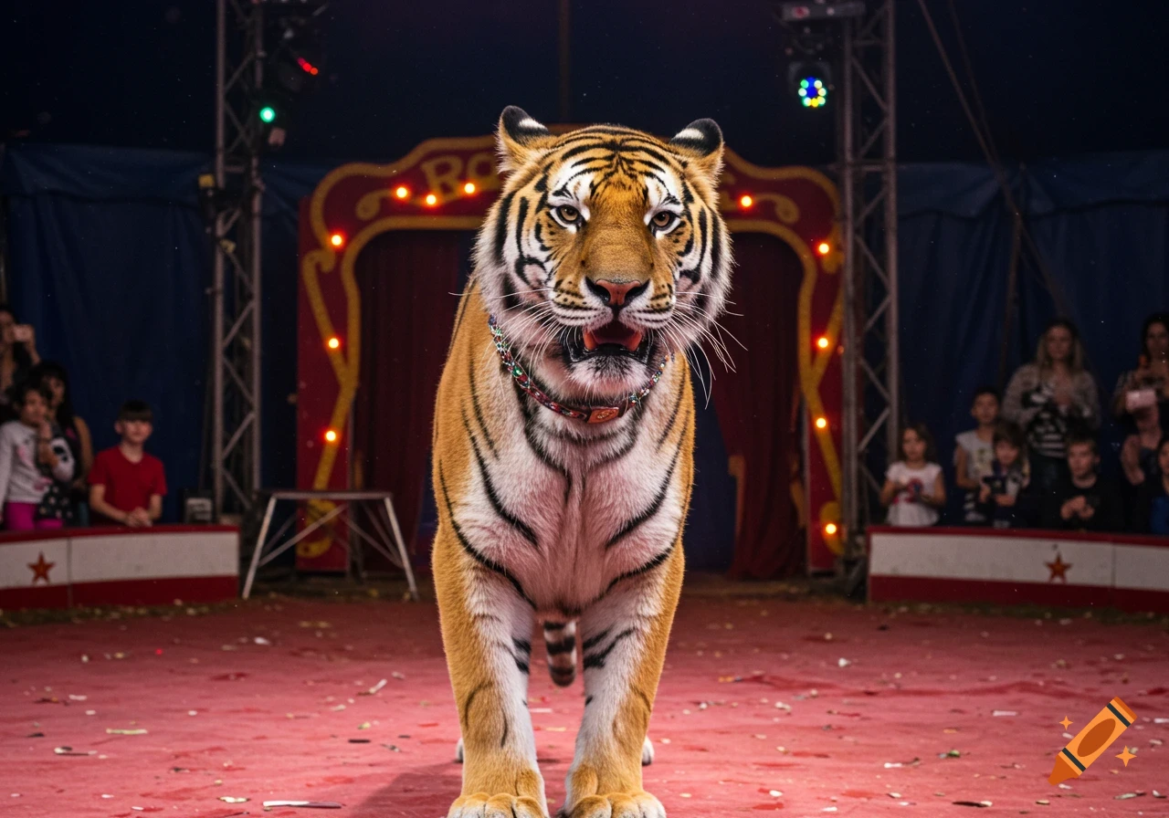 A tiger stands on a red circus ring floor looking forward, with an audience and tents in the background. Photorealistic.