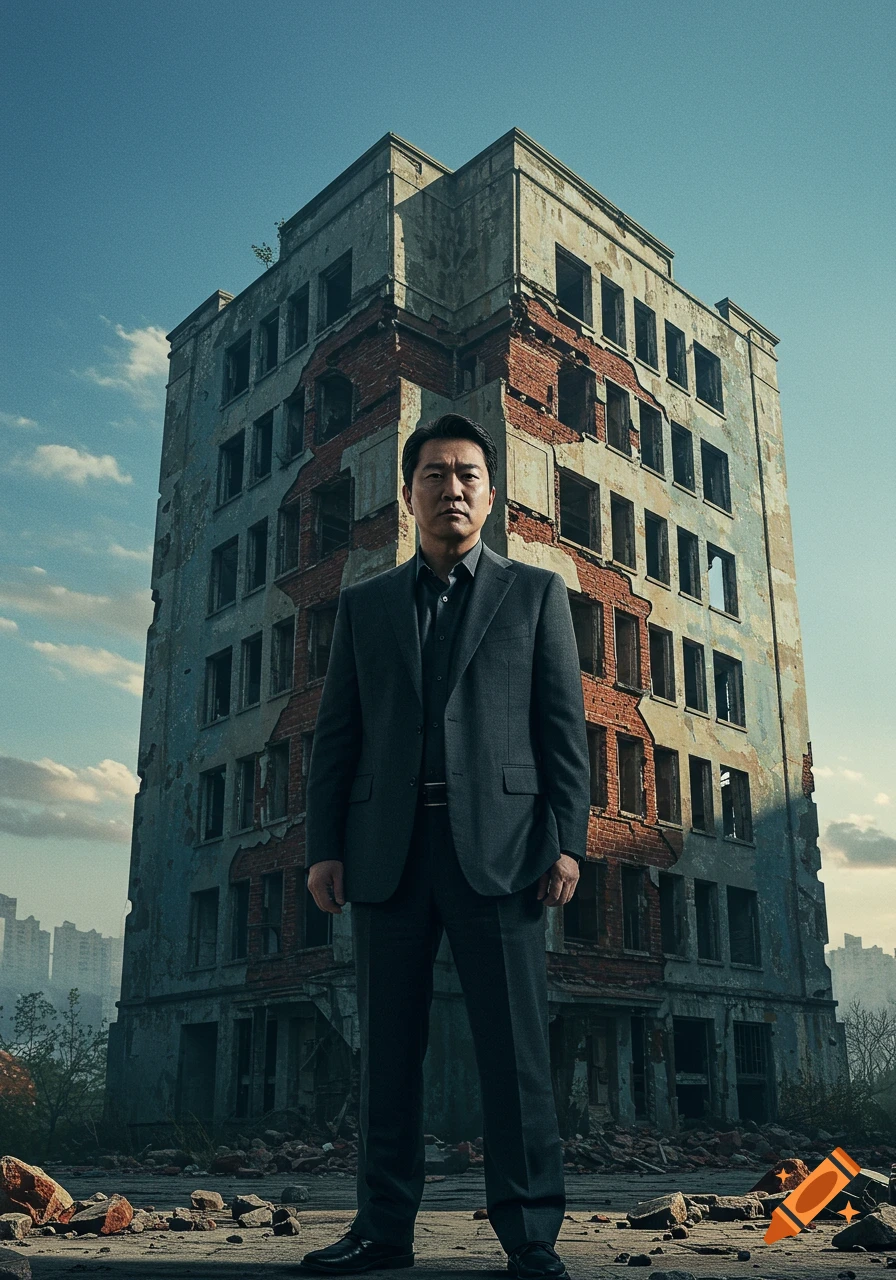 A man in a suit stands in front of a crumbling building in a photorealistic style.