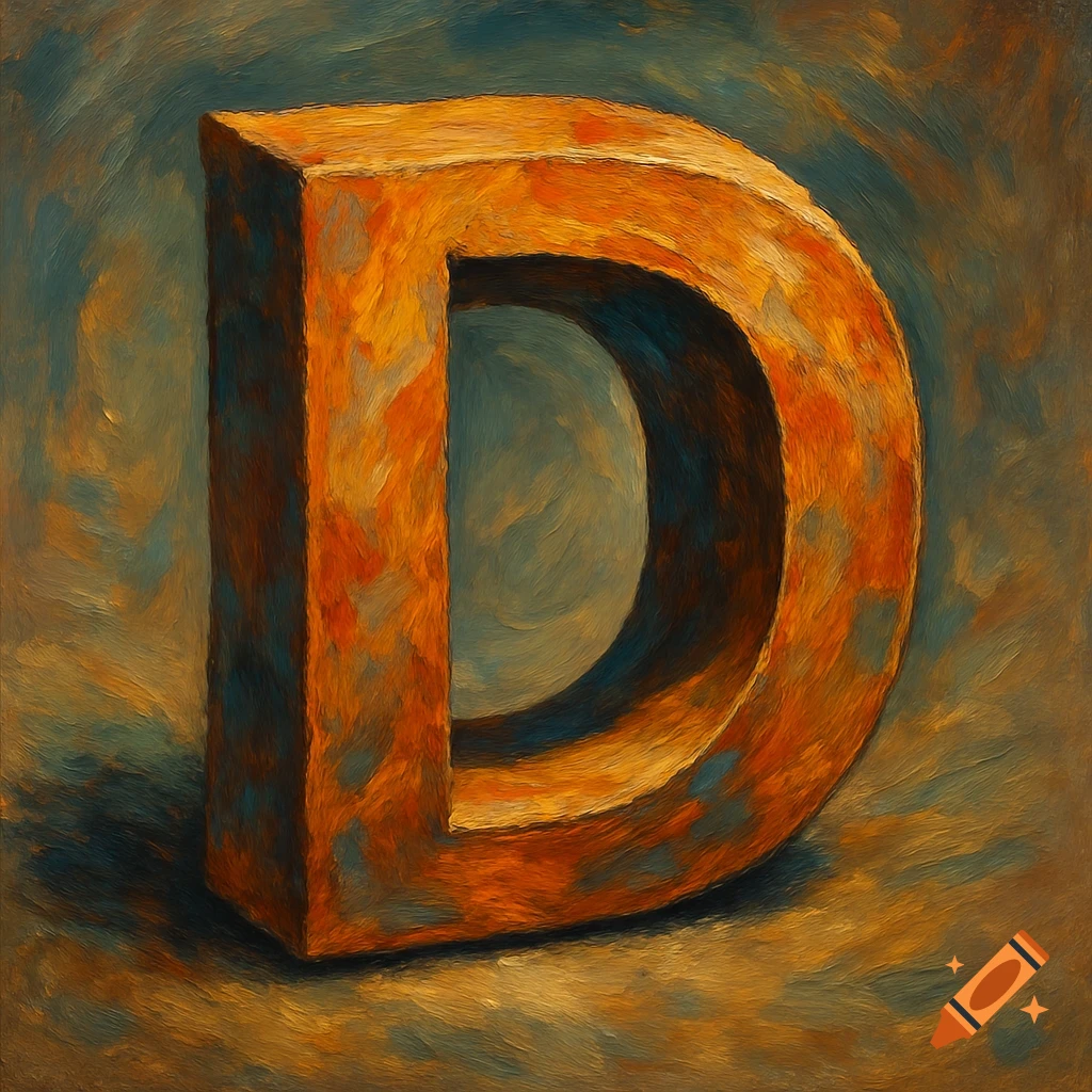 A textured, painterly 3D letter D stands upright.