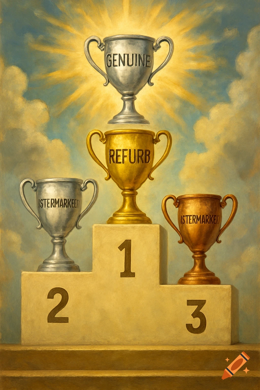 A tiered podium with numbers 1, 2, and 3. A gold trophy on 1 says "REFURB", a silver trophy on 2 says "ISTERMARKE", a bronze trophy on 3 says "ISTERMARKED". A silver trophy with "GENUINE" is above.