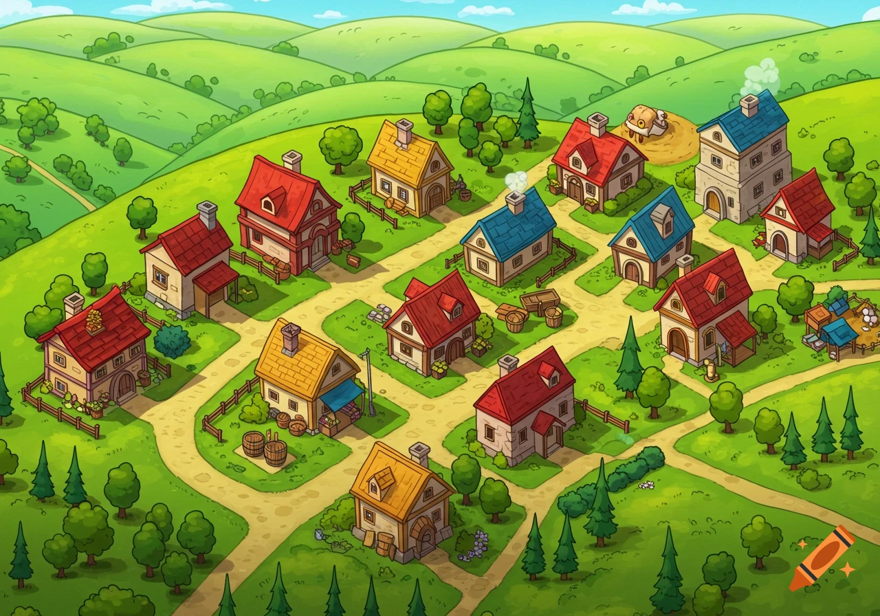 Top-down view of a cartoon village with houses, roads, trees, and rolling hills.