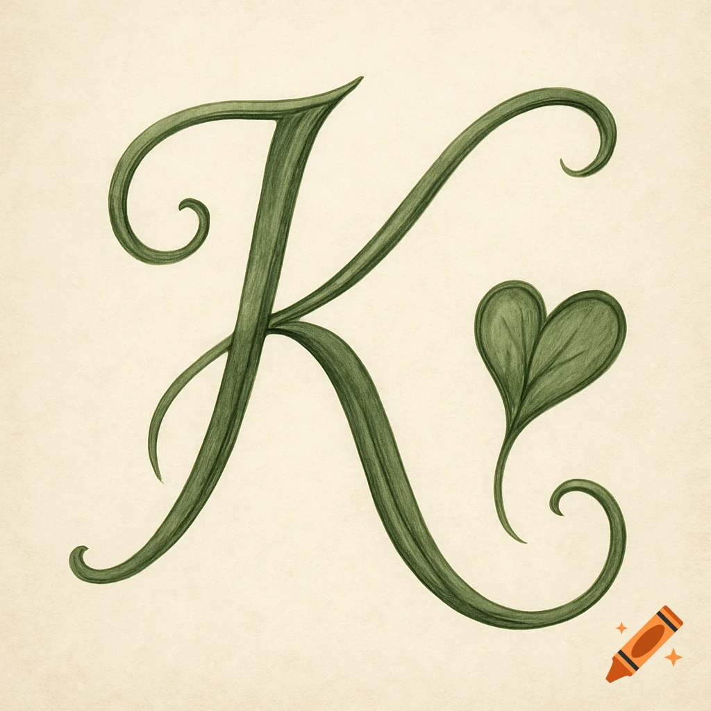 Green vine illustration of the letter K with a heart-shaped leaf.