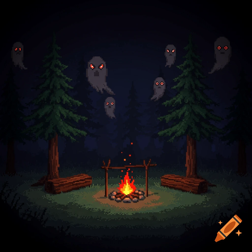Pixel art of spooky ghosts floating above a campfire in a dark forest.